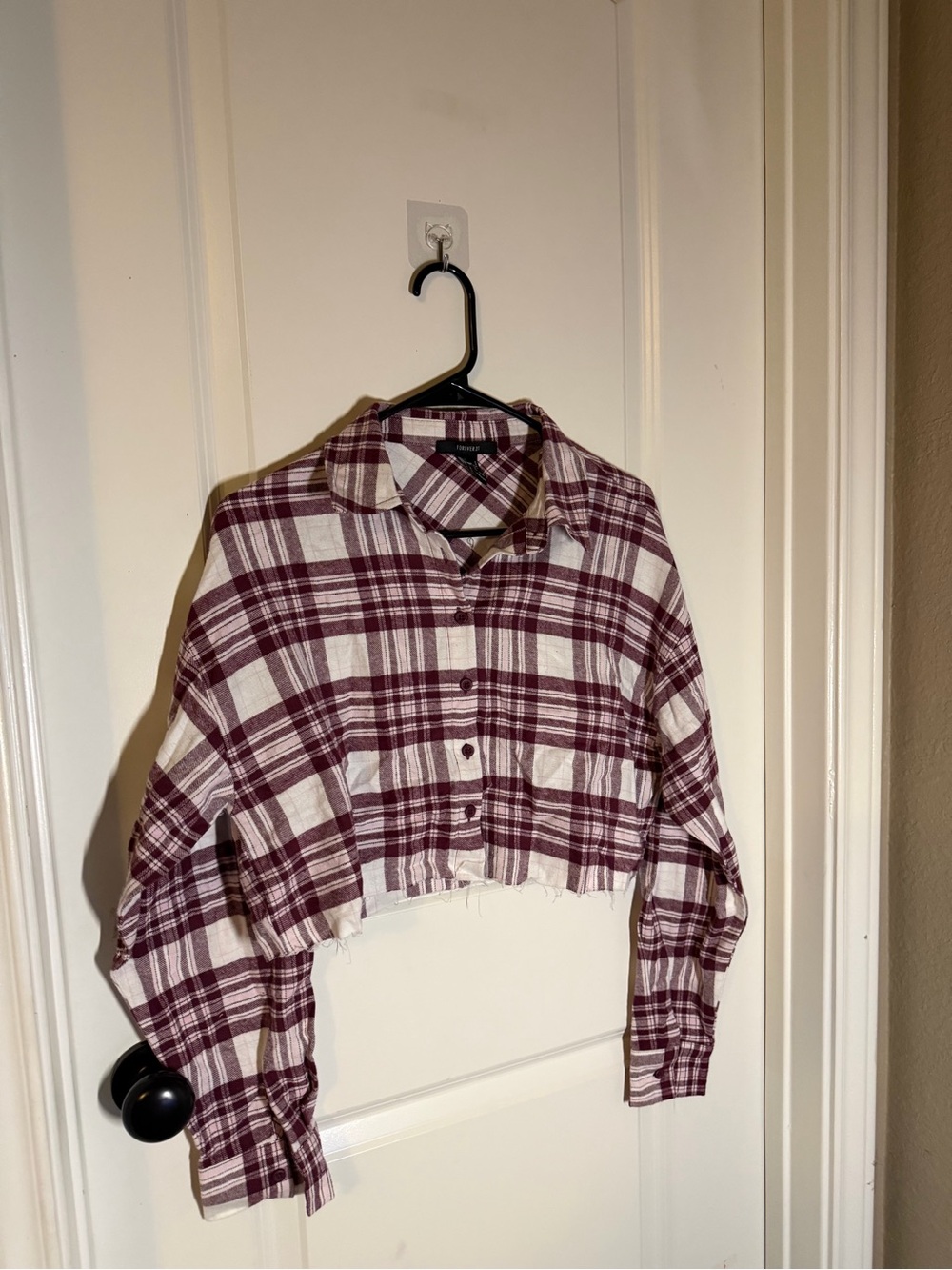 Forever 21 Girls' Burgundy and White Plaid Cropped Button-Up Shirt